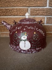 Handpainted Metal Teapot Red With Winter Welcome Snowman Rustic Farmhouse