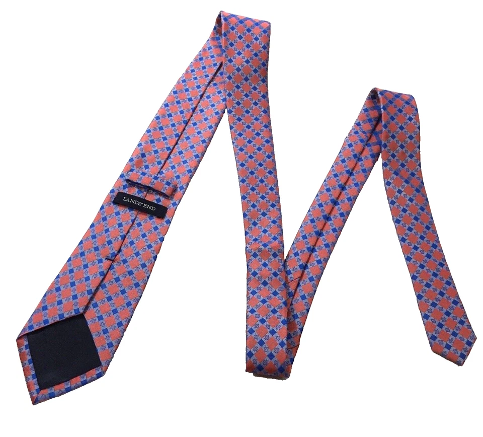 Corbata de cuello 100 % seda a cuadros melocotón azul naranja LANDS' END para hombre NUEVA sin etiquetas Foto 2 de 4