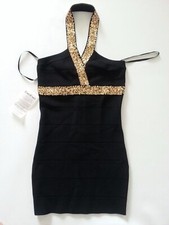 New bebe black gold sequin zip back halter bodycon bandage top dress S Small