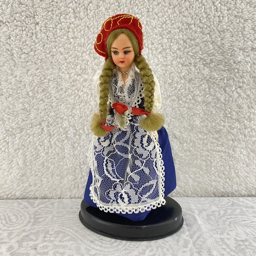 Muñeca Eros Polaca Hecha a Mano Mujer Rubia Vestido Azul Sombrero Rojo Étnico Arte Popular 7" - Imagen 10 de 10