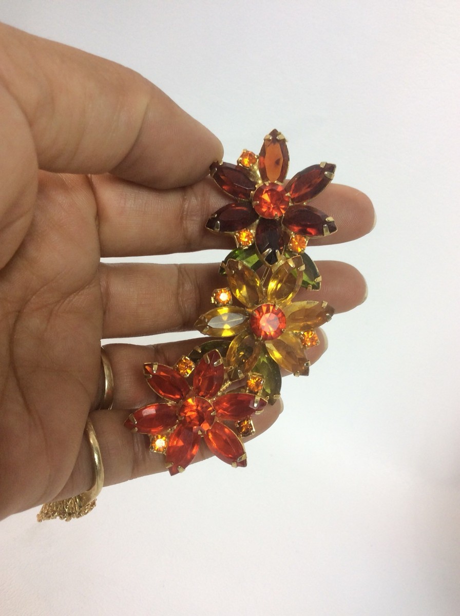 Beautiful Vtg Juliana Red Orange Yellow rhinestone Flower