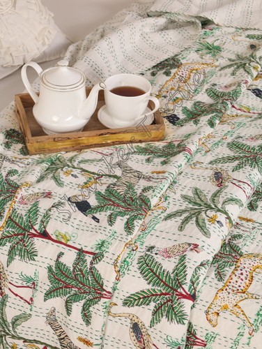 Reversible Kantha Quilt Queen Size Indian Bedspread 100% Cotton Bed Cover Gift - Picture 9 of 15