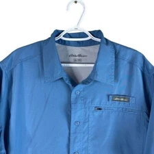 Eddie Bauer Vented Outdoor Shirt Mens XL Solid Blue S/S Polyester Stretch Hiking