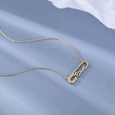 Stunning ''Love'' Fancy Pendant Round Cut Simulated Diamond 14K Yellow Gold Plated