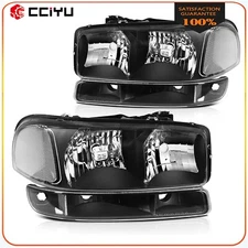 Pair Headlights +Bumper Lamp For 1999-2007 GMC Sierra Yukon 1500 Black Housing