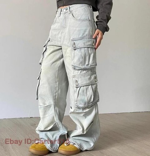 Women's Blue Denim Jeans Straight Leg Loose Fit Pockets Belt Pants Punk Trousers - Picture 12 of 17