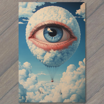 POSTCARD Surreal Eyeball Hot Air Balloon Cloud Sky Dream Fantasy Weird Art