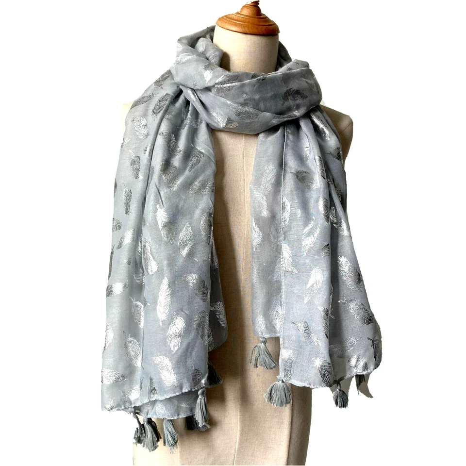 Mujer Brillo Metálico Plata Pluma Bufanda Borla Mantón Largo Pashmina Estola Foto 2 de 4