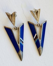 Vintage Navajo Signed Sterling Silver Lapis Turquoise Arrowhead Dangle Earrings