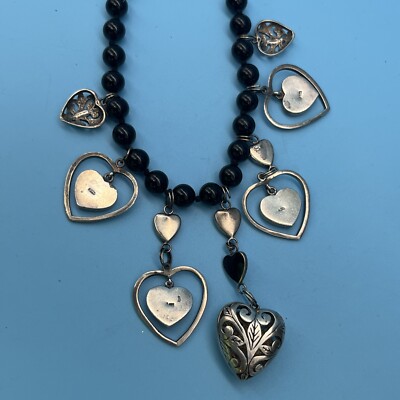 【TATIANA】(Silver925) Black Onix Heart Beads Necklace 925 Sterling Silver Onyx Heart Necklace