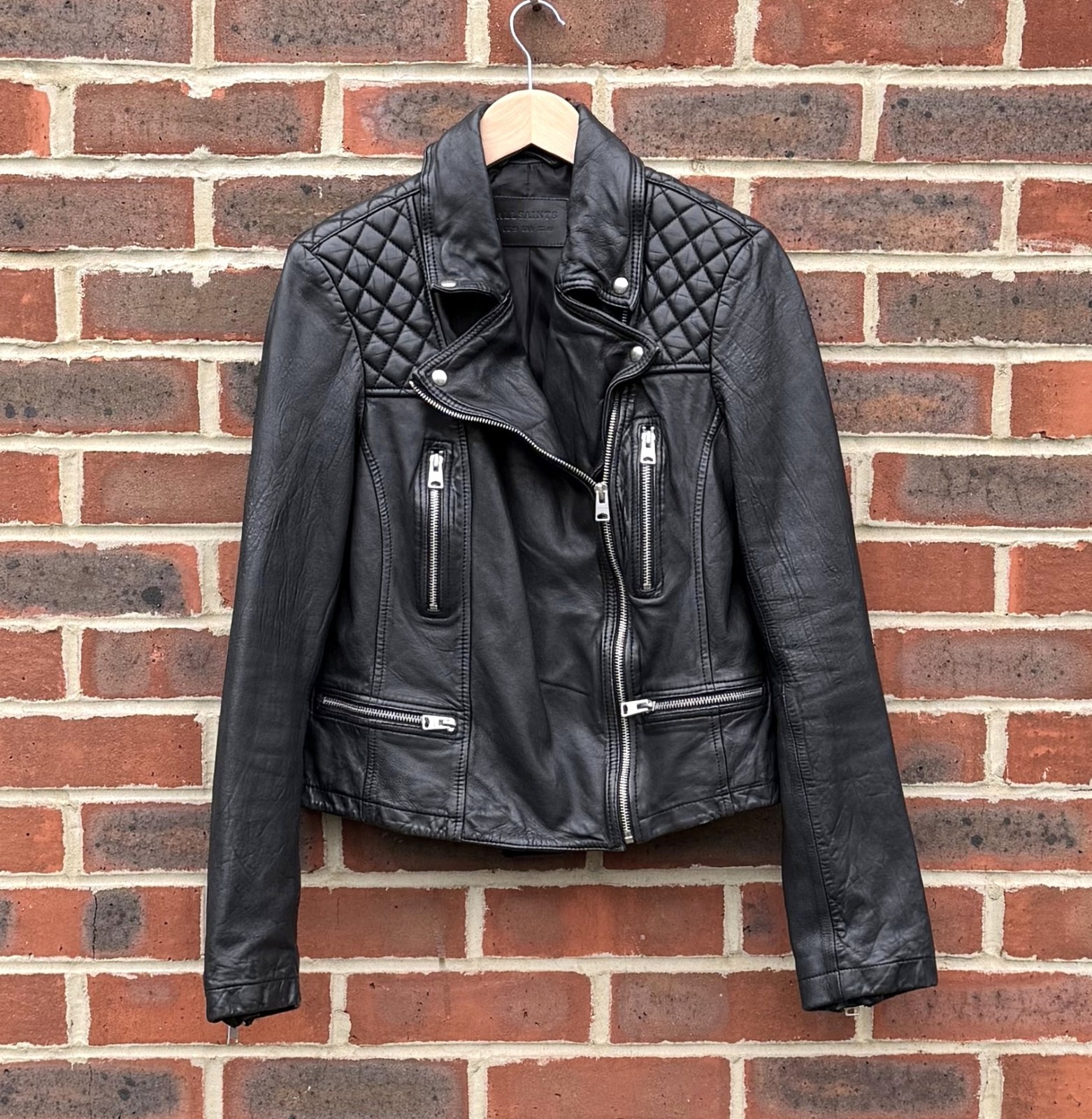 All Saints Ladies CATCH Leather Biker Jacket UK12 US8 EU40 Black Womens Bomber