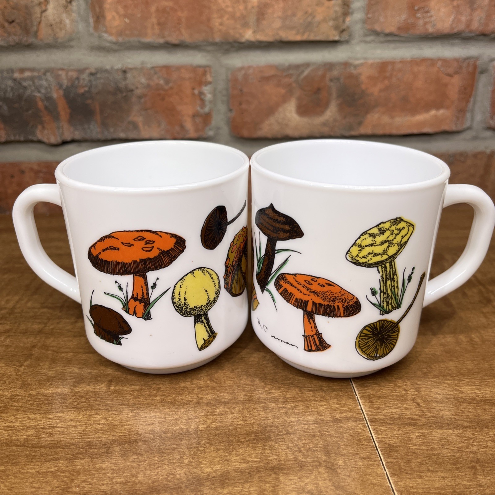 Mushroom Arcopal France Milk Glass Coffee Mug Signed R. Carman Vintage Set Of 2