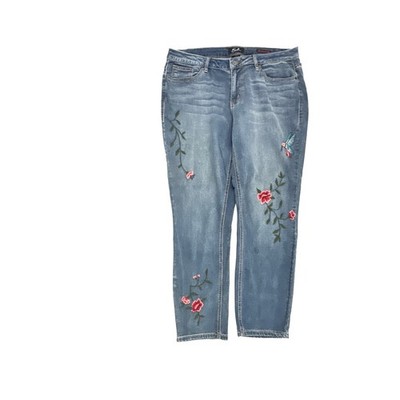 Earl Jean Women 14 Blue Skinny Ankle Embroidered Floral Hummingbird Denim Jeans