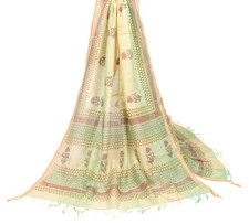 Sushila Vintage Beige Hand Block Dupatta Pure Cotton Silk Long Stole Wrap