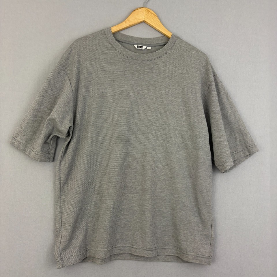 Uniqlo U Airism Tee Womens Large Grey Oversized Drop Shoulder Ribbed Trim Casual