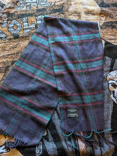 Christian Dior Monsieur Cashmaire Foulard Bleu Plaid 11” X 48”