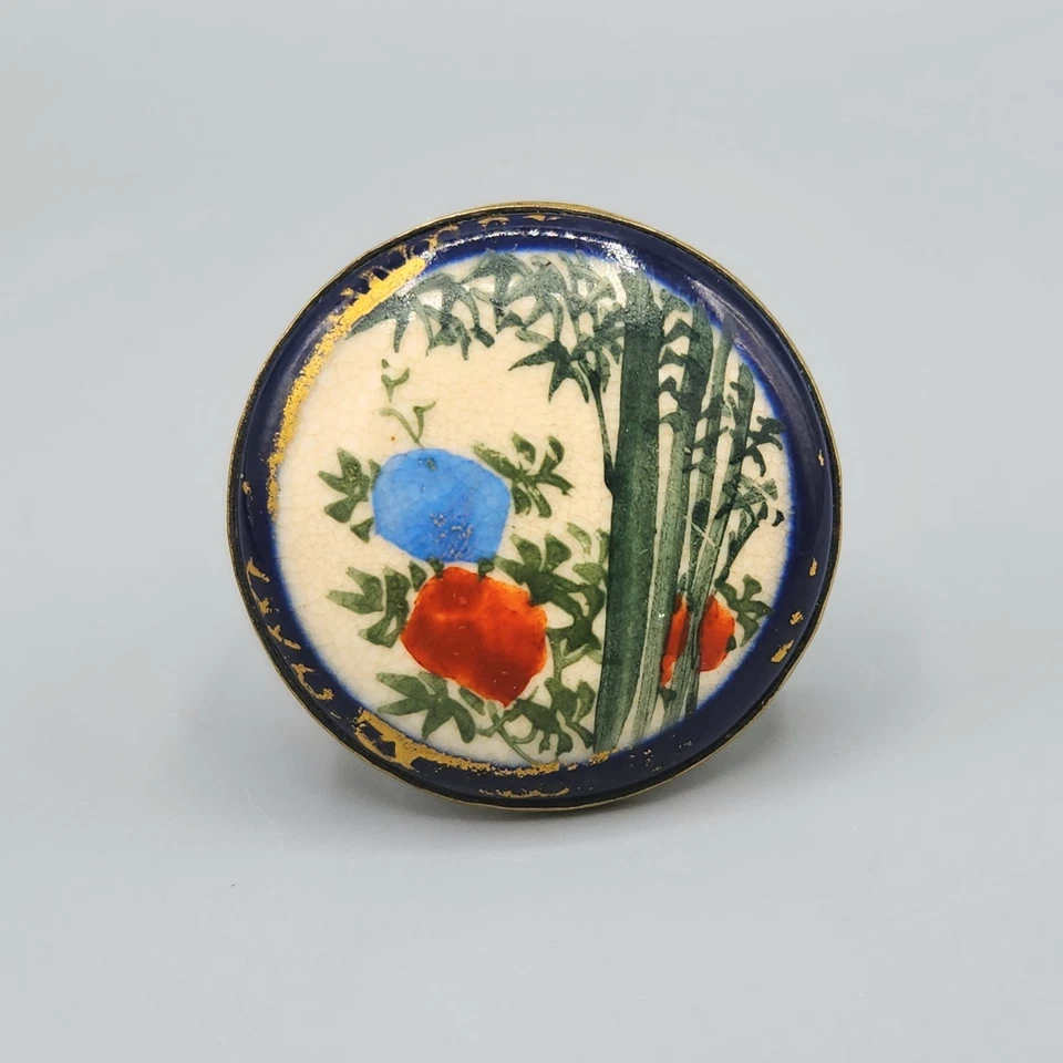 Antique Japan Satsuma Meiji Hand Painted Bamboo Scene Porcelain Button Brooch - Image 2 of 4
