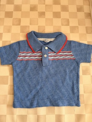 Vintage 70s Creative Knits By Sternberg Blue And Red Knit Collard Sweater