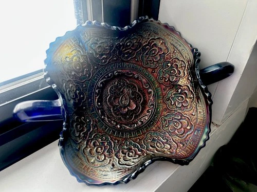 Antique Fenton Persian Medallion Cobalt Blue Carnival Glass 2Handled Bonbon Dish