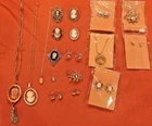 Lot of 18 Vintage Costume Jewelry Cameos Necklaces, Earrings and Brooches