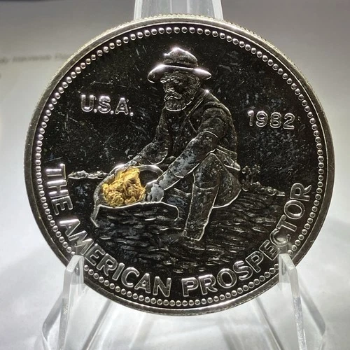 1982 Engelhard 1oz Silver American Prospector With GOLD NUGGETS Big E On Reverse