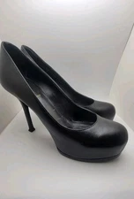 Yves Saint Laurent YSL Tribtoo Black Pebbled Leather Platform Pumps Size 37 1/2