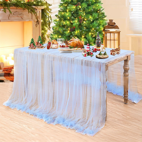 Baby Blue Pearl Table Cloth: Wedding Table Runner Decor 10Ft Tulle Fabric for Pa - Picture 3 of 12