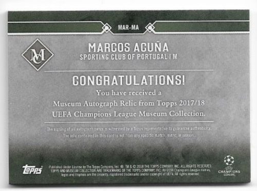 2017-18 Topps Champions League Museum Jersey Auto Card : Marcos Acuna #47/73 - Picture 2 of 2