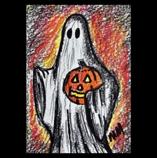ACEO Original GHOST Ink Pencil Drawing Abstract Creepy Halloween Jack-O-Lantern