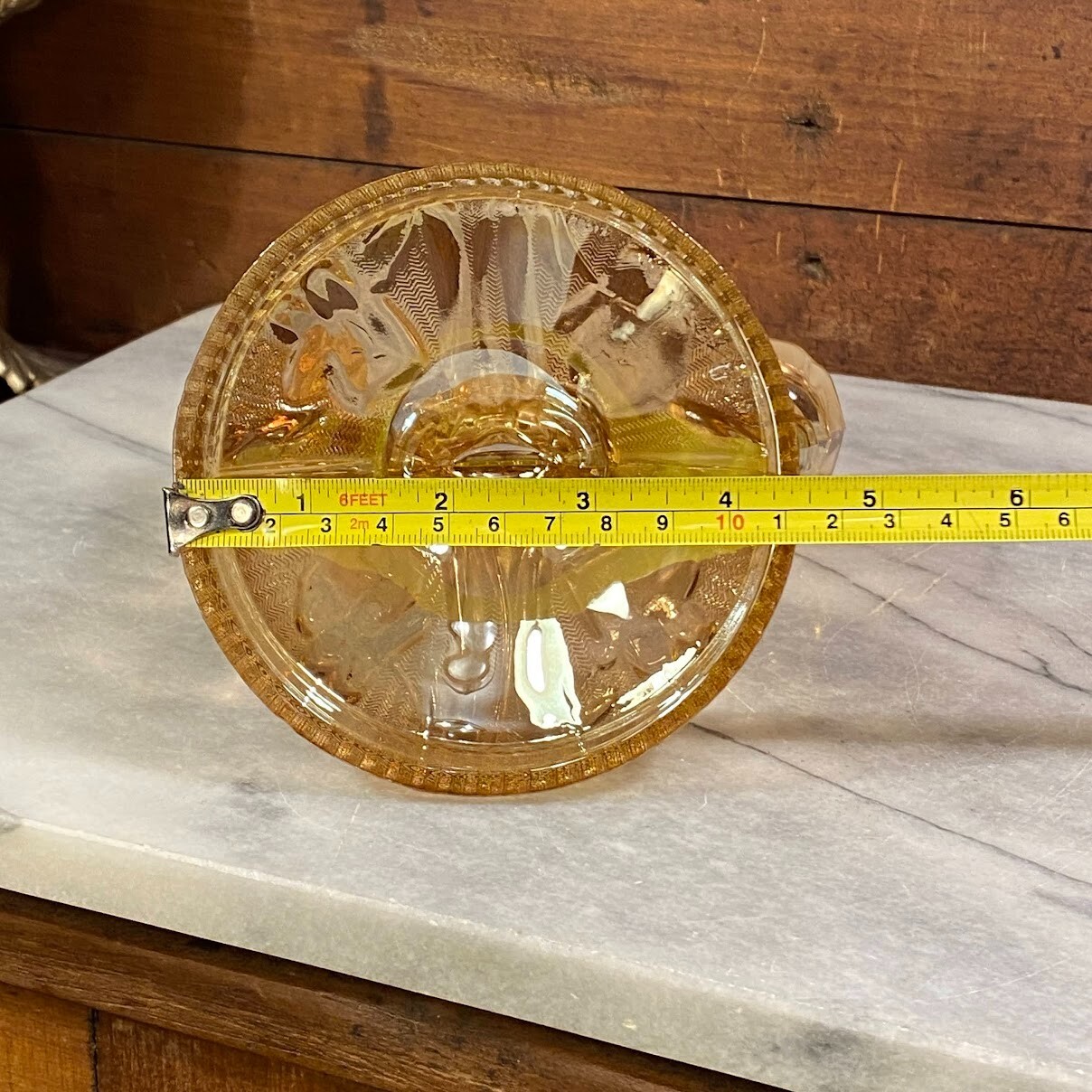 Jeannette Marigold Peach Carnival Glass Iris & Herringbone Double Candle Holder