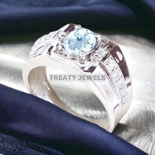 Aquamarine Oval Cut Gemstone With 925 Sterling Silver Ring For Men's #A167