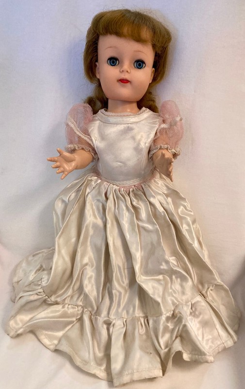 VINTAGE 1950's IDEAL 17" POSIE WALKER, JOINTED W/WORKING CRIER, HAIR, BLUE EYES