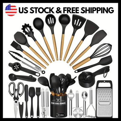 34 Piece Silicone Cooking Kitchen Utensil Set Wood Utensils Tools Non-Stick Tool
