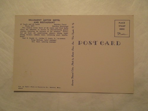 Natchez Mississippi Postcard Bellemont Motor Hotel & Restaurant MS - Picture 2 of 2