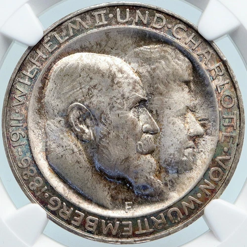 1911 GERMANY German State King Wurttemburg ANTIQUE Silver 3 Mark Coin NGC i88110