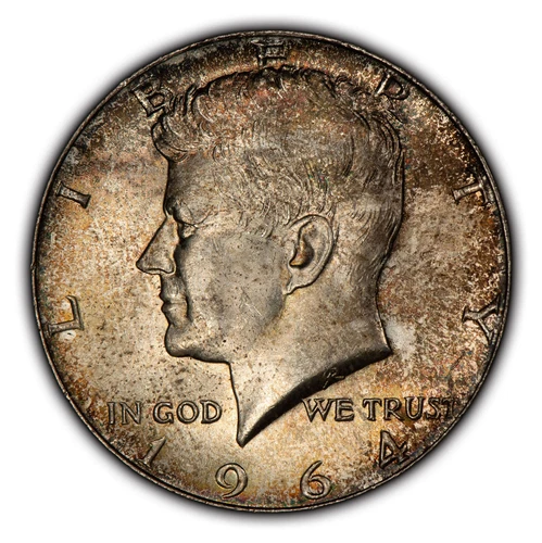 1964 50c Kennedy Silver Half Dollar - Speckled Rainbow Toning - BU - SKU-H2464