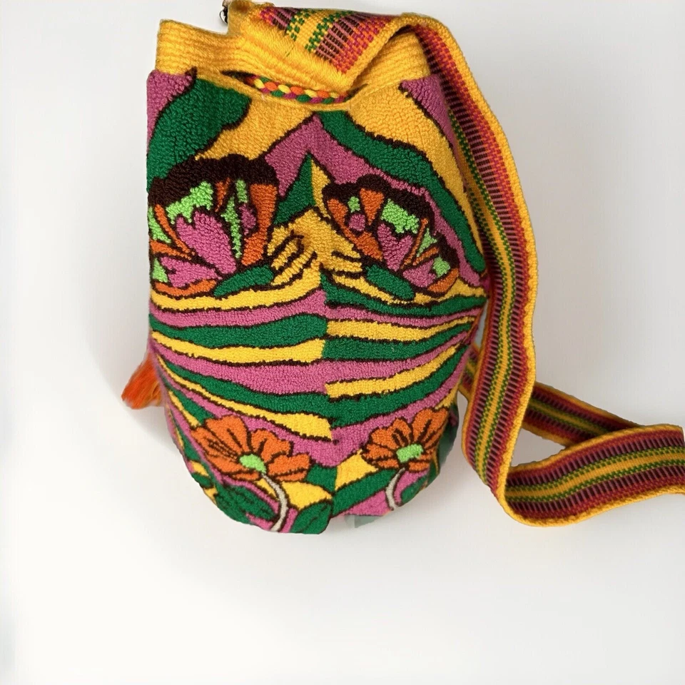 Wayuu Mochila Crossbody Bag Columbian Handmade Lined Butterflies Flowers Sun - Image 3 of 4