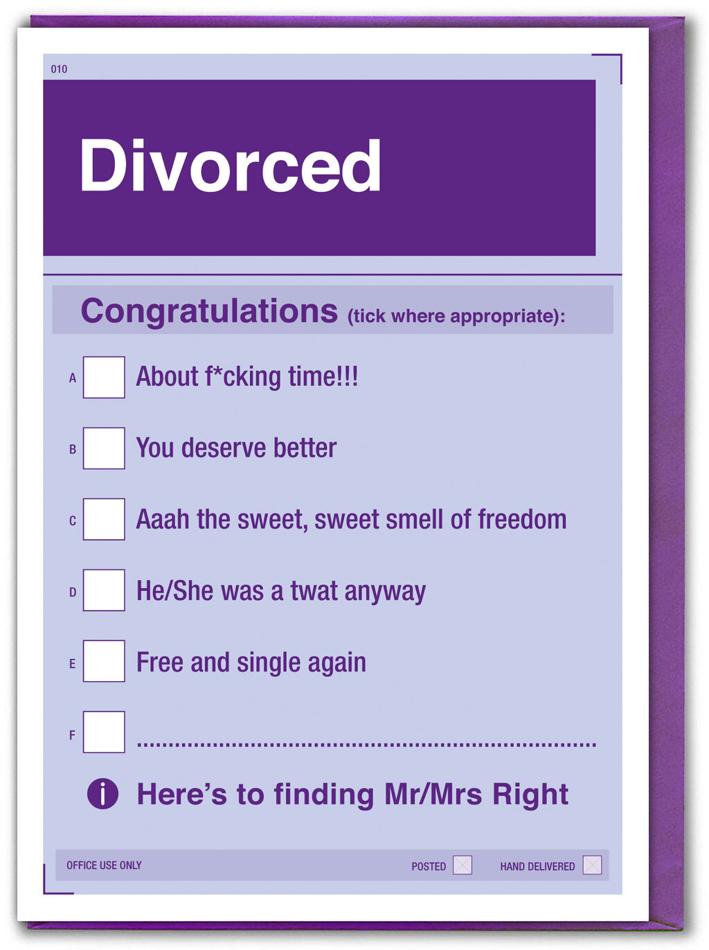 Funny Divorced Greetings Card With Tick Box Form Congratulations Rude Humour
