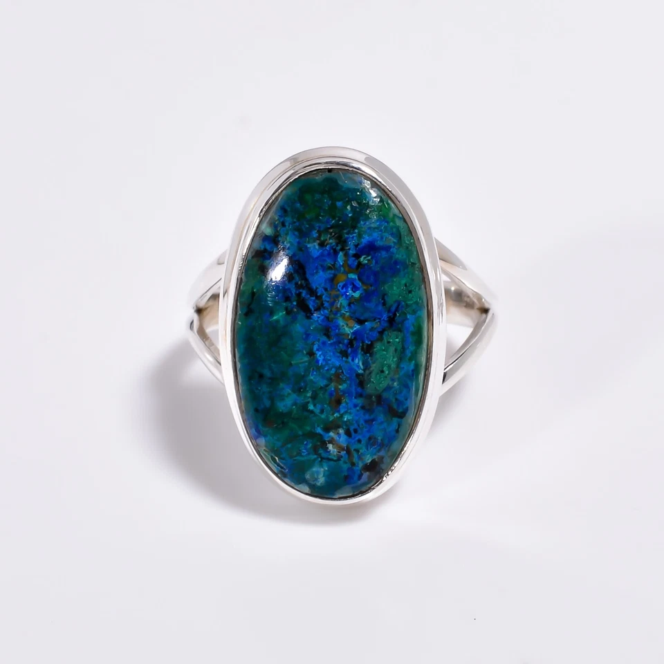 Anillo de piedras preciosas de crisocola azurita de plata de ley 925 anillos distintivos joyería Foto 4 de 4