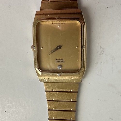 VTG Seiko Watch Men Gold Tone Gold Dial Diamond Marker26mm Rectangle - Picture 4 of 10