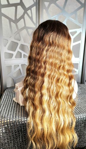 Wavy Blonde Wig Lace Front Wig Curly Wig Ombre Highlights Human Hair Blend Heat - Picture 5 of 8