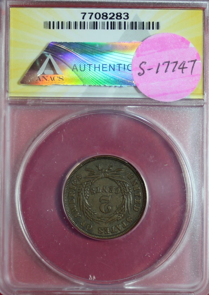 1865 FANCY 5 TWO CENT PIECE  ANACS AU50 - Image 3 of 4