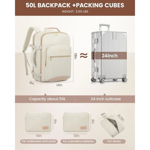 LOVEVOOK Travel Backpack for Women, 50L with 3 Packing Cubes, Beige. New In Hand - Picture 6 of 7