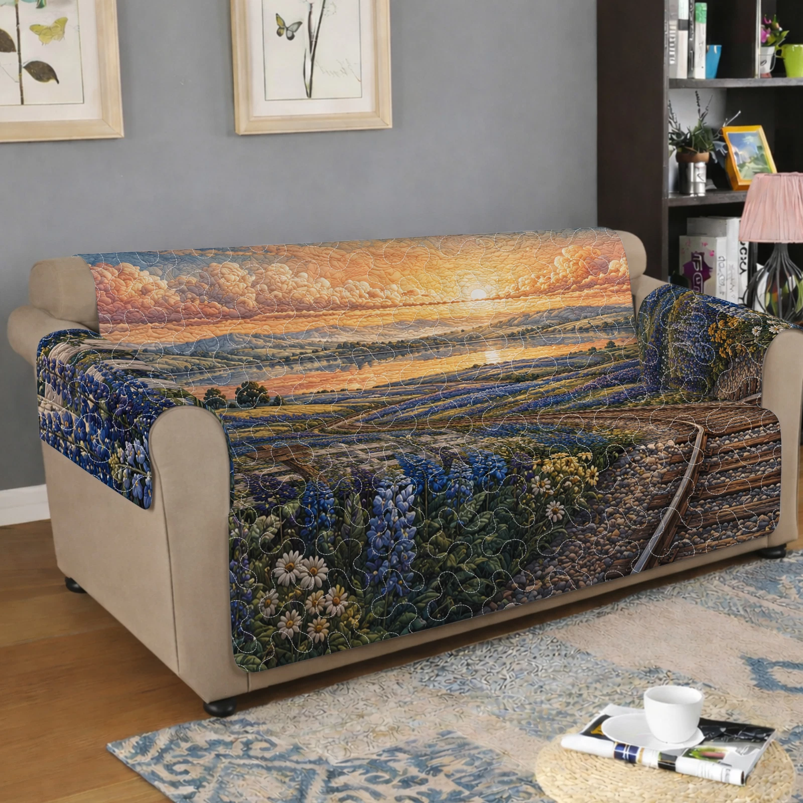 Quilted Sofa Cover, Blue Wildflower Sunset Landscape Couch Protector