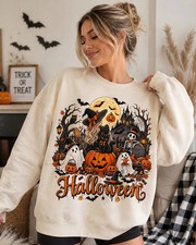 Halloween Sweatshirt Cute Spooky Witch Ghost Pumpkin Black Cat Crewneck Fall