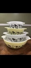 4 Vtg PYREX Gooseberry Yellow, Black & White Cinderella Mixing Bowls Set nesting