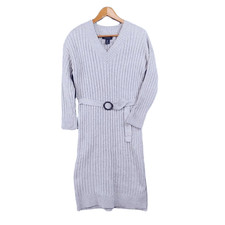 Tahari Dress Ribbed Knit Gray Long Sleeve Midi Belted Large
