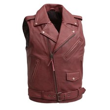 Crimson Men  s Genuine Leather Motorcycle Vest Biker Riding Sleeveless Jacket