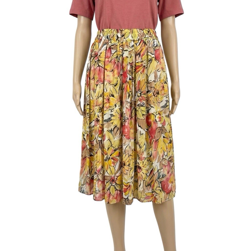 Vintage 80s Skirt Floral Apple Print Yellow Calf Length Retro Indie 12