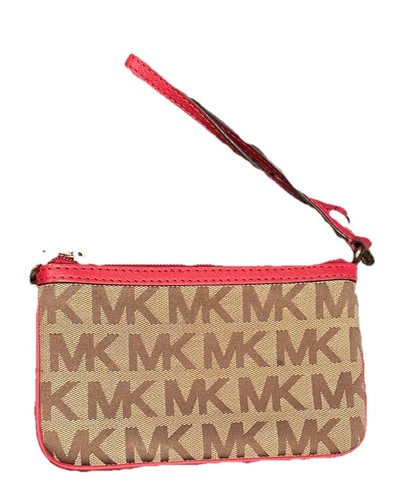 Michael Kors Monogram Khaki Red Leather Trim Small Zip Wristlet Wallet Coin - Picture 1 of 2